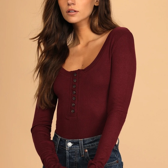 Lulus Tops - Lulus Simply the Best Burgundy Long Sleeve Button-Front Bodysuit - Size Medium